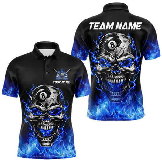 Maxcorners Custom Thunder Blue & Silver Skull 8 Ball Billiard Shirt For Men Billiards Team 1/4-Zip Polo Jersey LM0510
