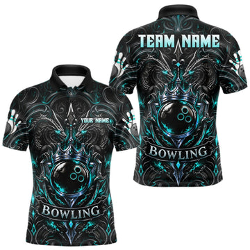 Maxcorners Men's Teal Gothic Dragon Bowling Polo Quarter-Zip Shirt Custom Neon Blue Strike Bowling Team Jersey LM0510
