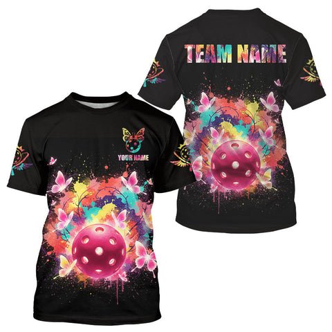 Maxcorners Colorful Flowers Butterfly Pickleball Ball T-Shirt Custom Black Men's Pickleball Jerseys MT0811