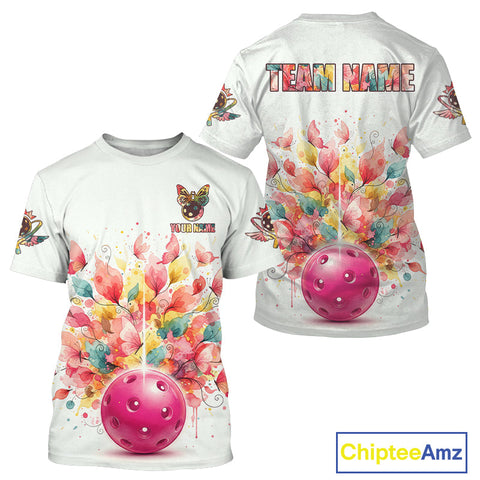 Maxcorners Colorful Flowers Butterfly Pickleball Ball T-Shirt Custom White Men's Pickleball Jerseys MT0811
