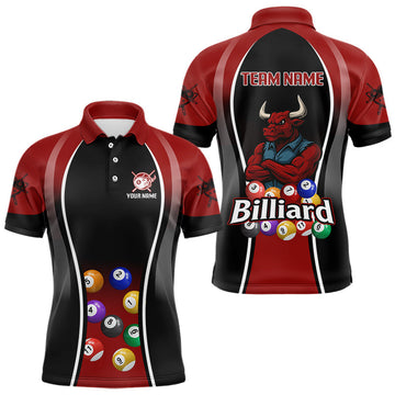 Maxcorners Red Funny Bull Pool Balls Men Billiard Polo & 1/4-Zip Apparel Custom Billiard Shirt Designs LM0901