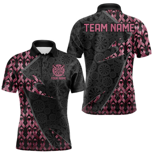 Maxcorners Custom Black And Pink Ribbon Grunge Men Darts Polo & 1/4-Zip Shirts Dart Tournament Jerseys LM0607