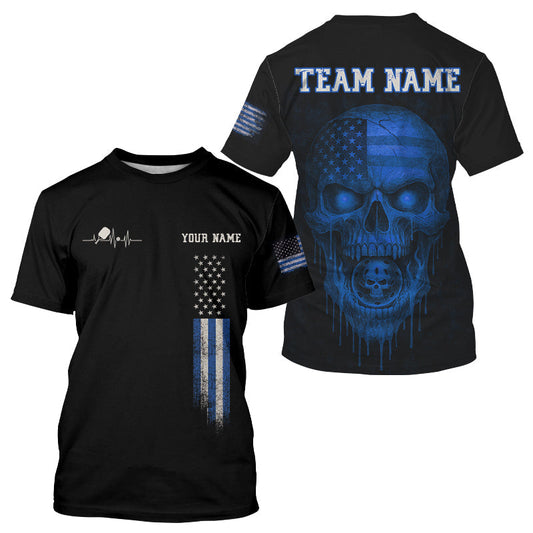 Maxcorners Custom Blue Grunge Skull Pickleball Ball League Jerseys For Men US Flag Pickleball Shirts