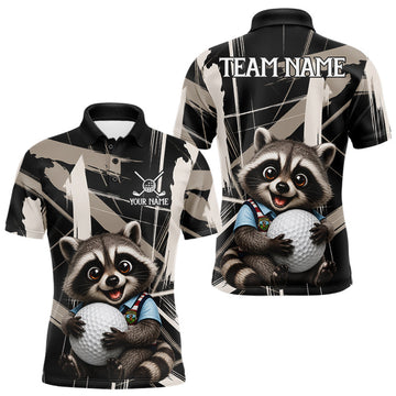 Maxcorners Mens Funny Cute Raccoon Golf Polo Shirts Custom Beige & Cream Brush Golf Team Outfit, Golf Gifts