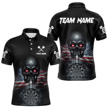 Maxcorners Custom Smoke US Flag Black Dripping Skull Men Darts Polo Shirt Patriotic Dart Jerseys LM2603