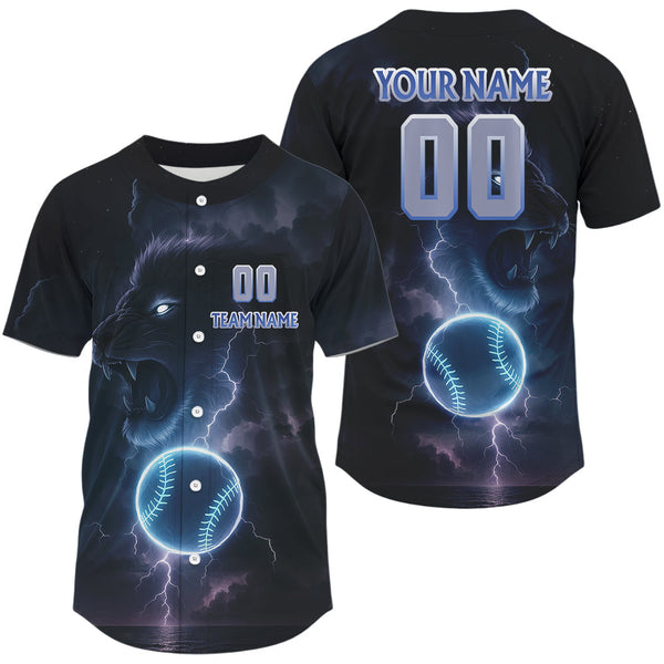 Maxcorners Personalized Blue Baseball Jersey For Men Custom Lion & Lightning Baseball, Baseball Team LM2608