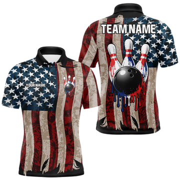 Maxcorners USA Flag Retro Patriot Bowling Team Shirt Custom Dripping Bowling Pins & Ball Mens Bowling Jersey