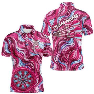 Maxcorners Custom Pink Blue Paint Dartboard & Arrow Polo & Quarter-Zip Shirt For Men Outfits Dart Jerseys