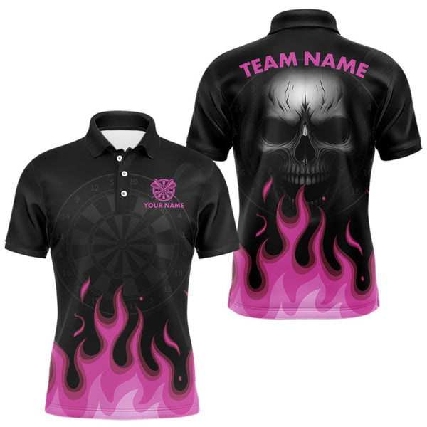 Maxcorners Flaming Dartboard Grey Skull Darts Shirt For Men - Custom Name & Team Jersey | Pink MT0708