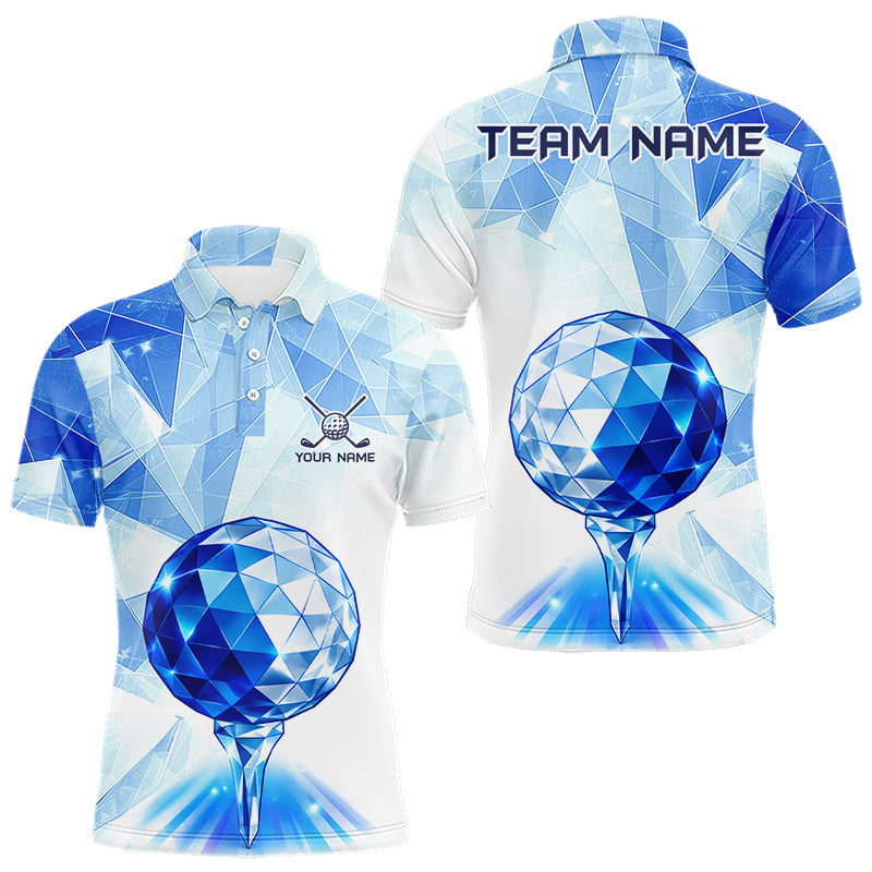 Maxcorners Crystal Golf Polo Shirt For Men Custom Geometric Diamond Blue Golf Ball Golf Team Shirt
