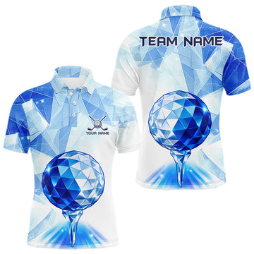 Maxcorners Crystal Golf Polo Shirt For Men Custom Geometric Diamond Blue Golf Ball Golf Team Shirt