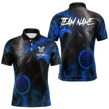 Maxcorners Custom Blue Flaming Dartboard Grim Reaper Dart Men Polo Shirt Dart Team Jerseys LM0404