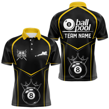 Maxcorners Black 8 Ball Crown Pool Men Polo & 1/4-Zip Team Shirts Custom Billiards Ball & Cue Attire|Yellow LM1104