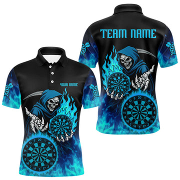 Maxcorners Custom Blue Flames Dartboard Horror Grim Reaper Dart Men Polo Jerseys Outfits Dart Shirt LM2603