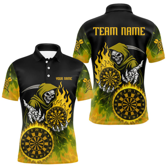 Maxcorners Custom Yellow Flames Dartboard Horror Grim Reaper Dart Men Polo Jerseys Outfits Dart Shirt LM2603