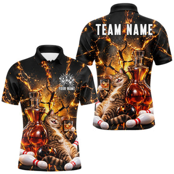 Maxcorners Funny Tabby Cat Whiskey Bowling Polo 1/4-Zip For Men Custom Retro Drunk Bowling Team Shirt Bowling Gift