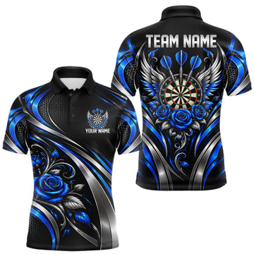 Maxcorners Wings Dartboard Polo 1/4-Zip Shirt For Men Personalized Silver Blue Roses Darts Tournament Jersey
