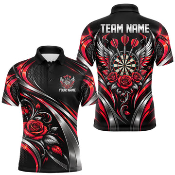 Maxcorners Wings Dartboard Polo 1/4-Zip Shirt For Men Personalized Silver Red Roses Darts Tournament Jersey