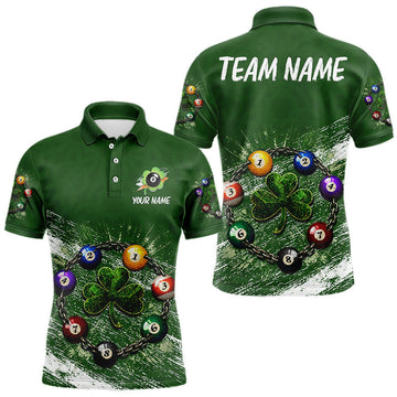 Maxcorners White Green Grunge Shamrock 8 Ball Men Billiards Shirt Personalized St Patrick's Day Pool Balls Shirt LM1202