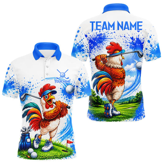Maxcorners Funny Rooster Golfer Mens Golf Polo Shirts Custom Blue Splatter Golf Team Outfits Golf Gift