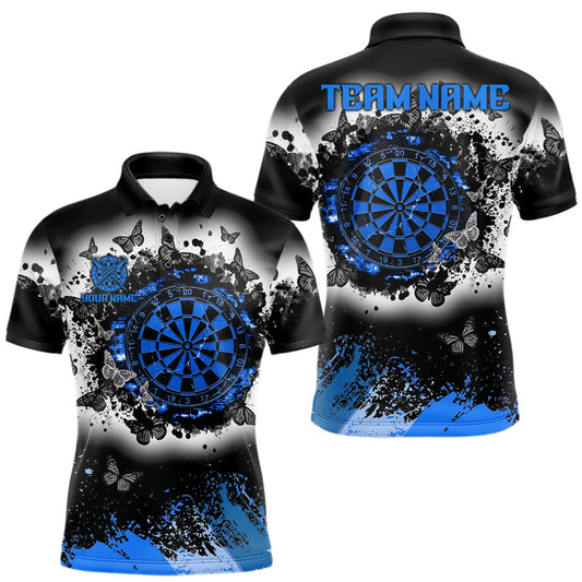Maxcorners Custom White, Blue And Black Grunge Butterfly Dart Polo 1/4-Zip Shirt For Men Dart Team Jersey LM1406