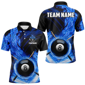 Maxcorners Personalized Blue 8 Ball Fire Flame Billiard Polo & 1/4-Zip For Men 8 Ball Pool Team Jersey
