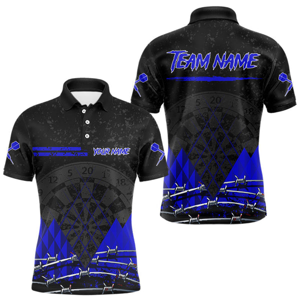 Maxcorners Barbed Wire & Grunge Dartboard Blue Darts Shirt For Men - Custom Name For Players MT2306