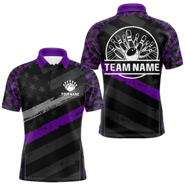 Maxcorners Black And Purple Digital Camo Bowling Shirt For Men Custom USA Flag Patriot Bowling Team Shirt LM1508