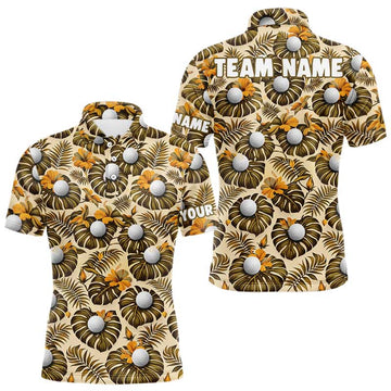 Maxcorners Personalized Tropical Yellow Monstera And Golfs Pattern Custom Golf Polo Shirt For Men Golf Team Clothes