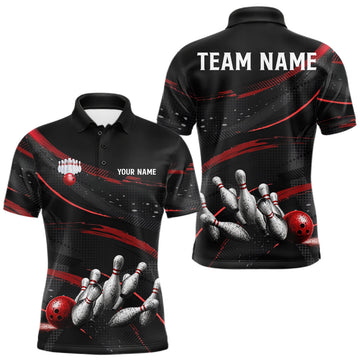 Maxcorners Black And Red Grunge Bowling Ball & Pins Jersey For Men Personalized Team Bowling Shirts LM1705