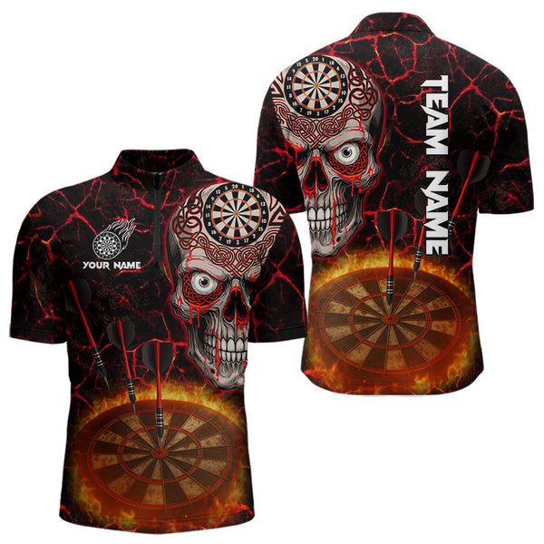 Maxcorners Dripping Skull Flaming Dartboard Men's Red Darts Shirt - Custom Name For Players MT2306