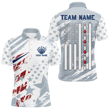 Maxcorners US Flag Patriotic Bowling Polo 1/4-Zip Shirt For Men Custom White & Grey Bowling Tournament Jersey LM1910
