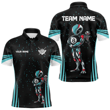 Maxcorners Custom Funny Alien 8 Ball Billiard Shirts For Men, Turquoise Galaxy Billiard Team Pool Jerseys