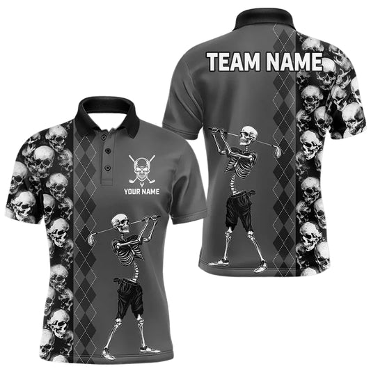 Maxcorners Grey Skeleton Mens Golf Polos Shirts Custom Name Golf Skull Shirts For Men, Personalized Golf Gifts
