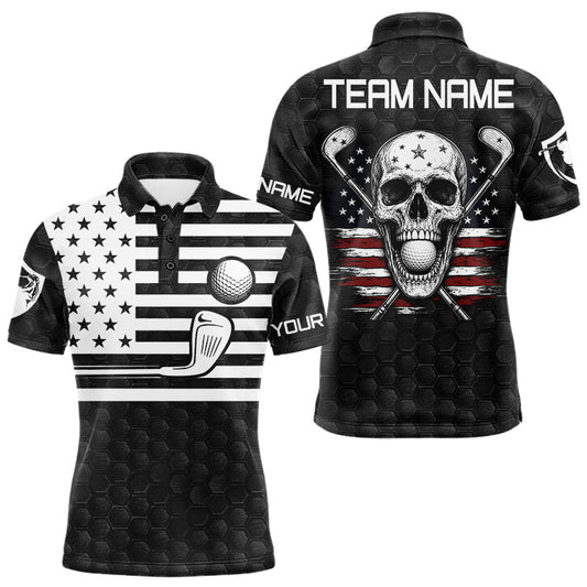 Maxcorners Black And White Skull US Flag Mens Golf Polos Shirts Custom Name Golf Skull Shirts For Men
