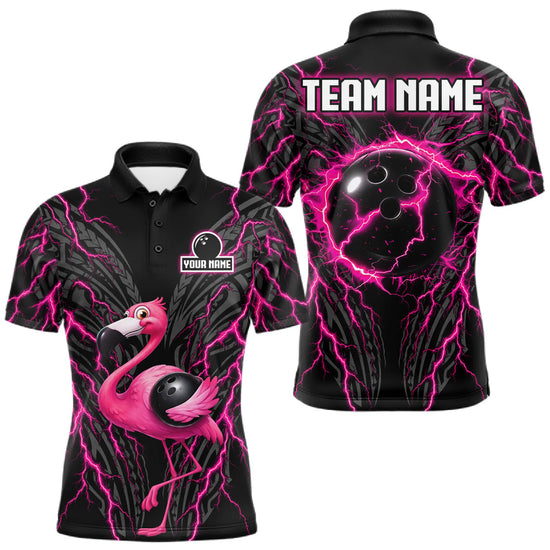 Maxcorners Funny Flamingo Tribal Bowling Team Jersey Custom Pink Thunder Lightning Mens Bowling Polo 1/4-Zip Shirt