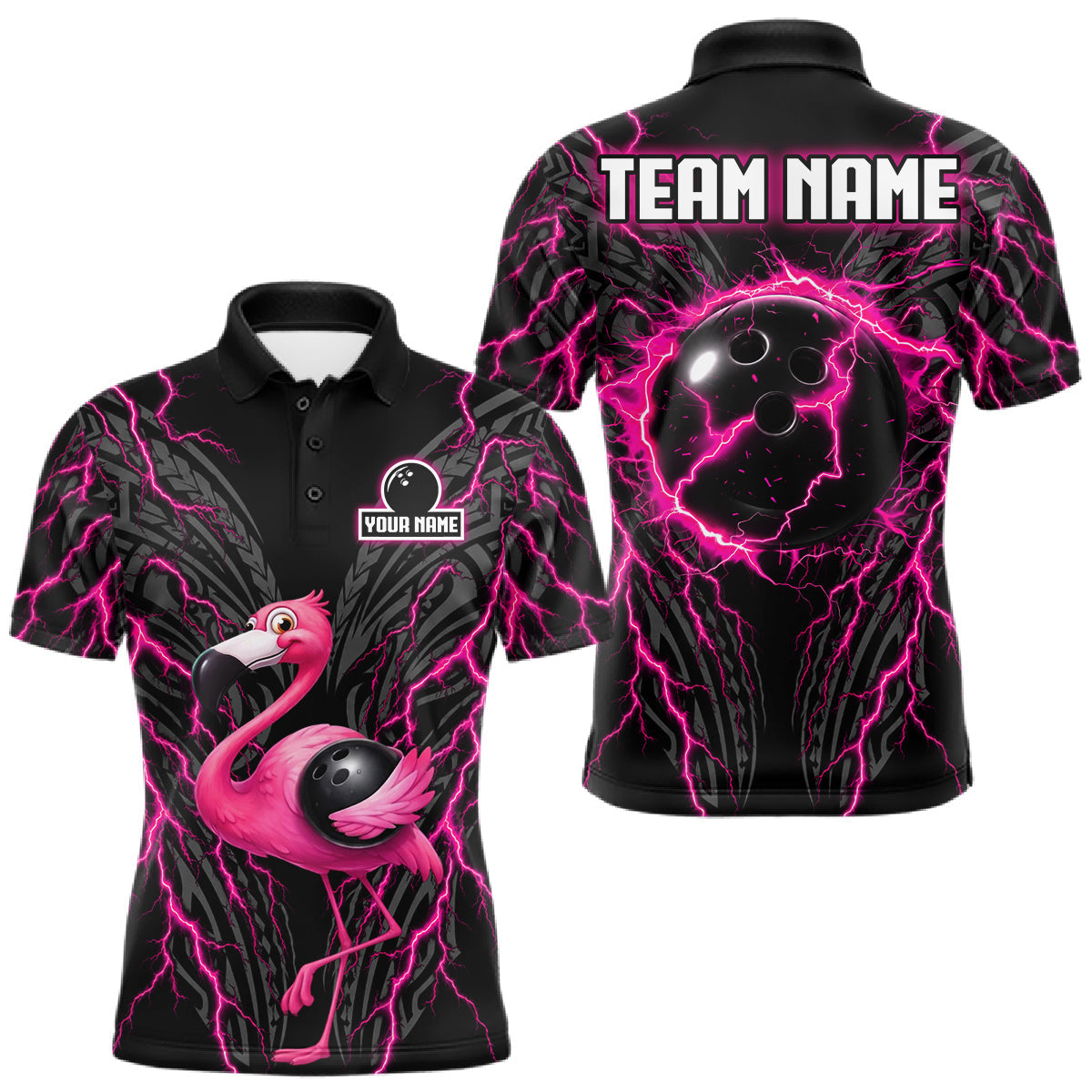 Maxcorners Funny Flamingo Tribal Bowling Team Jersey Custom Pink Thunder Lightning Mens Bowling Polo 1/4-Zip Shirt