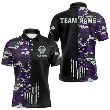 Maxcorners Black And Purple US Flag Digital Camo Skull Custom Men Darts Polo Shirt Dart Gifts