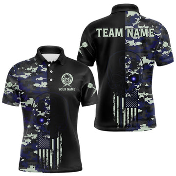 Maxcorners Black And Blue US Flag Digital Camo Skull Custom Men Darts Polo Shirt Dart Gifts