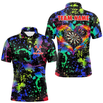 Maxcorners Heart Colorful Splatter Dartboard Men Darts Polo Shirt Custom Valentine Dart Couple Jerseys LM2201