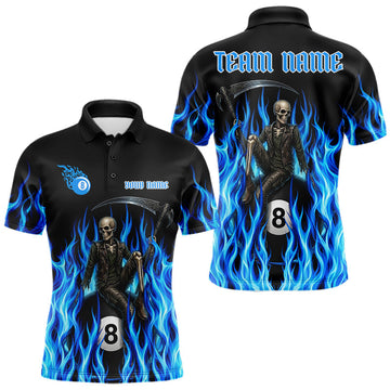 Maxcorners Funny Grim Reaper Billiard Pool Team Jersey Custom Fire Flame Billiard Shirt For Men | Blue