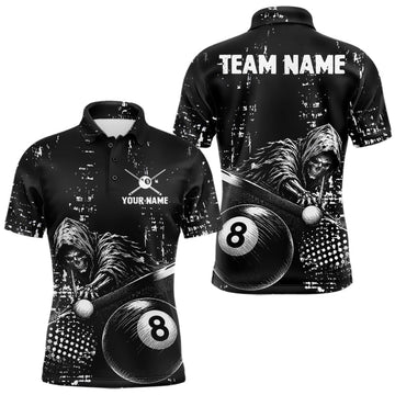 Maxcorners Custom Grim Reaper Plays 8 Ball Pool Billiard Shirt, Black And White Grunge Billiard Attire For Men