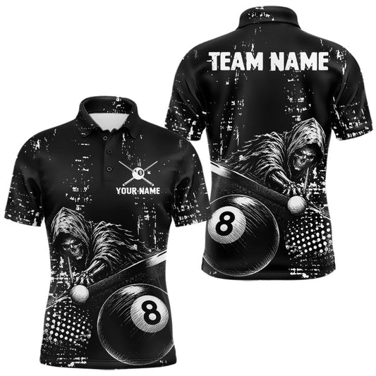 Maxcorners Custom Grim Reaper Plays 8 Ball Pool Billiard Shirt, Black And White Grunge Billiard Attire For Men