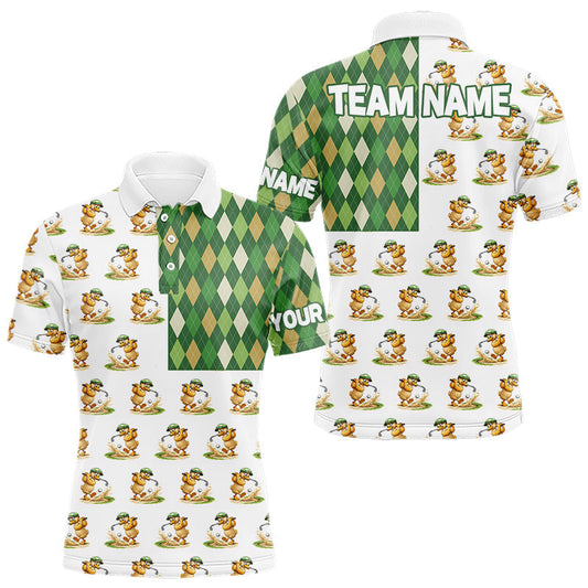 Maxcorners Funny Duck Polo Shirt Mens Golf Polo Shirts Custom Green Argyle Pattern Duck Golf Shirts LM1903