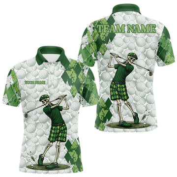 Maxcorners Funny Mens Golf Polo Shirt Custom Green Argyle Pattern Golf Ball Personalized Skull Golf Shirts LM1904