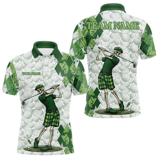 Maxcorners Funny Mens Golf Polo Shirt Custom Green Argyle Pattern Golf Ball Personalized Skull Golf Shirts LM1904