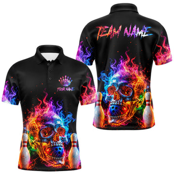 Maxcorners Fire Skull Bowling Team Shirt Personalized Colorful Flame Mens Bowler Polo 1/4-Zip Team Jersey