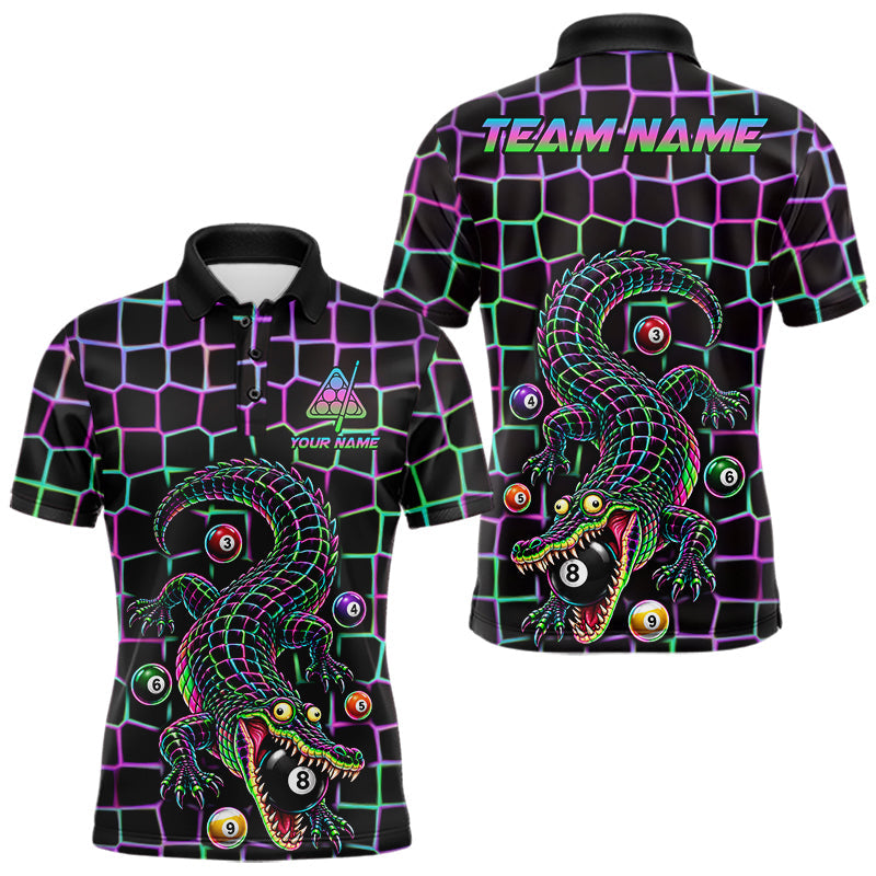 Maxcorners Funny Neon Alligator Pool Polo Shirt For Men Custom Name Billiard Team Jersey 8 Ball Pool Jersey