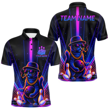Maxcorners Custom Cool Cat Mens Bowling Polo 1/4-Zip Shirt Personalized Neon Gangster Cat Bowling Jersey