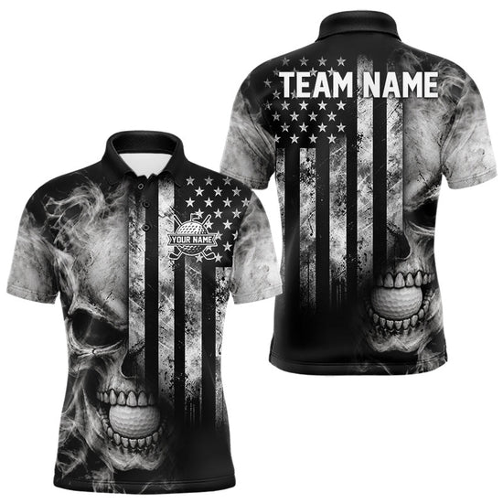 Maxcorners Skull Golf Polo Shirt For Men Personalized US Flag Golf Jersey Patriotic Smoke Skull Golf Apparel